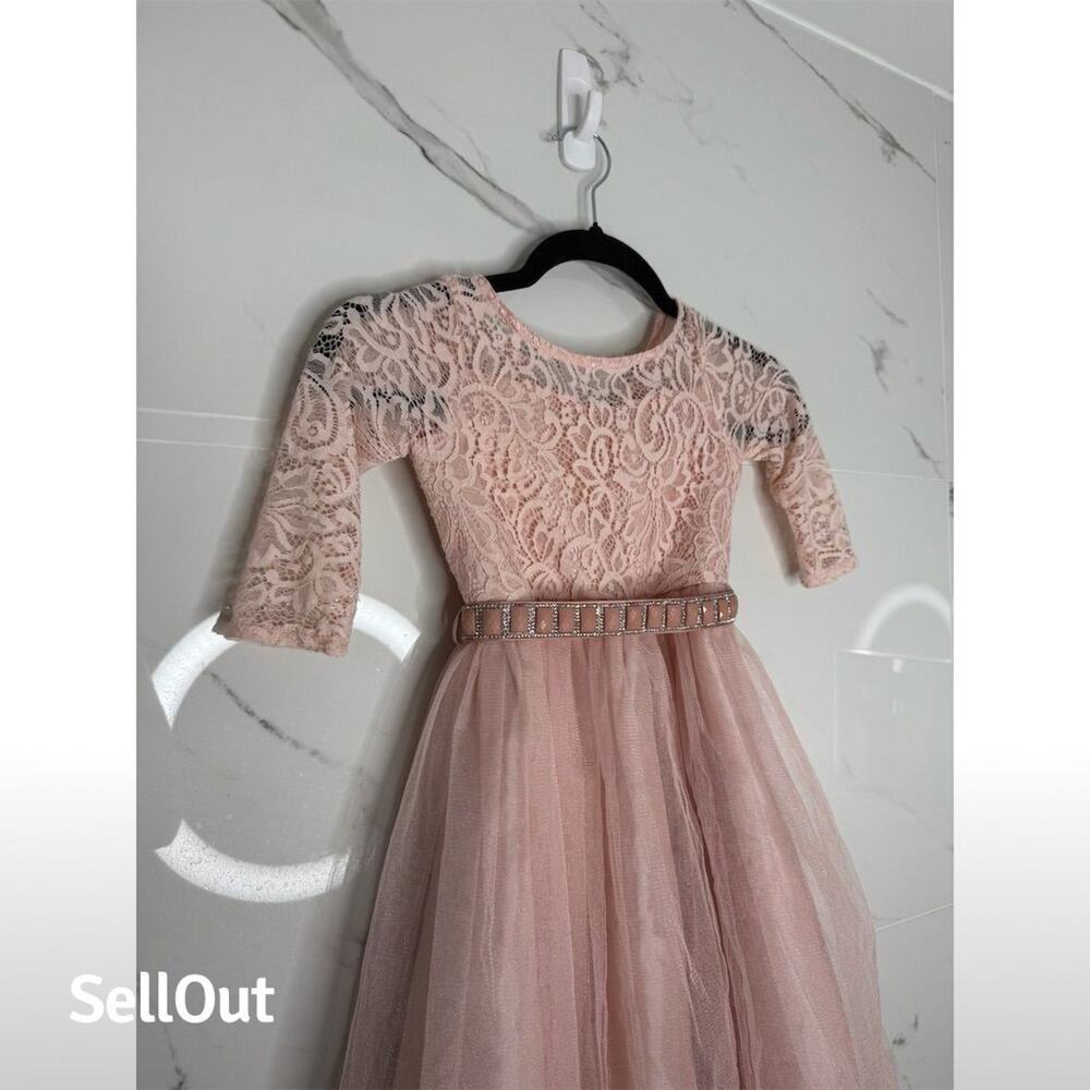 Girls Pink Lace Dress 6/7 Knee Length Party rhinestones flowergirl photoshoot - Picture 2 of 7